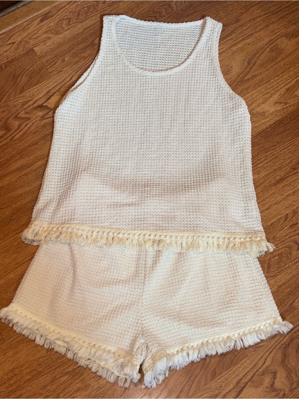 Set - Cream Knit Sweater Fringe Hem Tank Top and Shorts